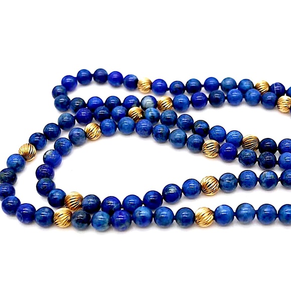 VINTAGE Lapis Lazuli 14k Gold Sculpted Beads & Clasp Hand Knotted Necklace - Picture 4 of 17